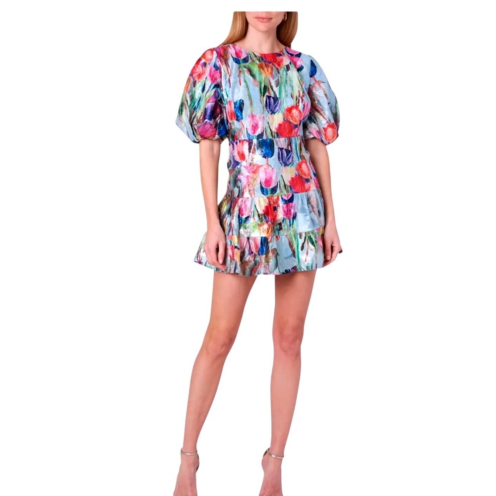 Milly SZ 10 Arlette Tulip Jacquard Puff Sleeve Mini Dress Blue Floral  Open Back